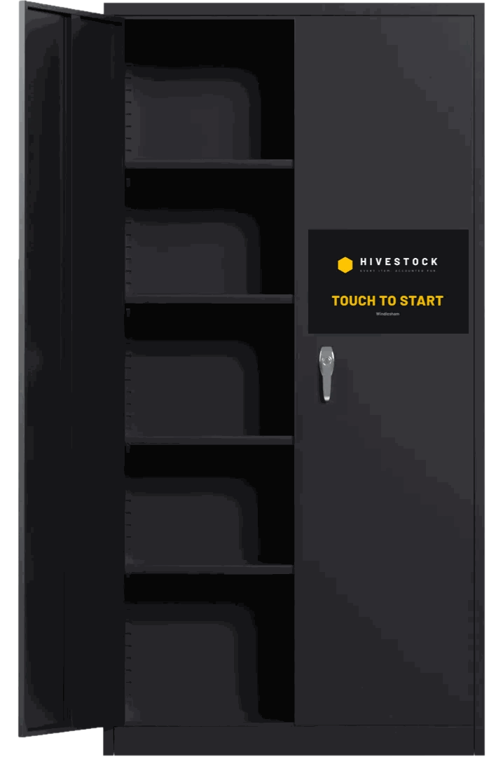 A HiveStock stock-control cabinet with its door open, showing stocked drawers and the touch-screen tablet on the front panel.
